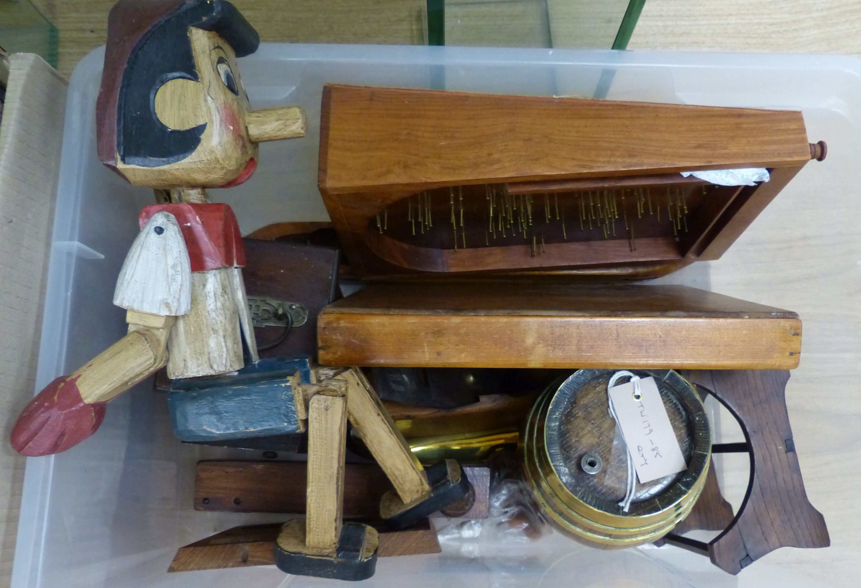 Miscellaneous items, including a small brass bowl, an oak 'Madeira' casket on stand, a bird scarer, coffin plane, etc.